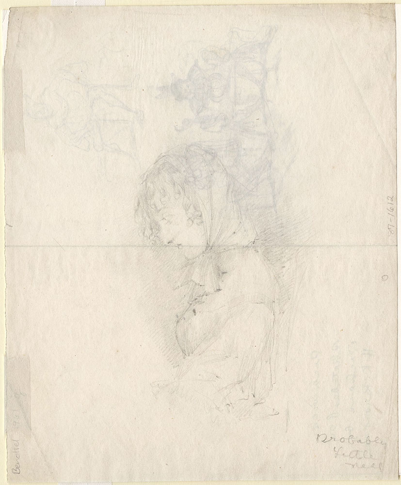 Sketch of a female figure on the verso of a sketch for The Pickwick Papers