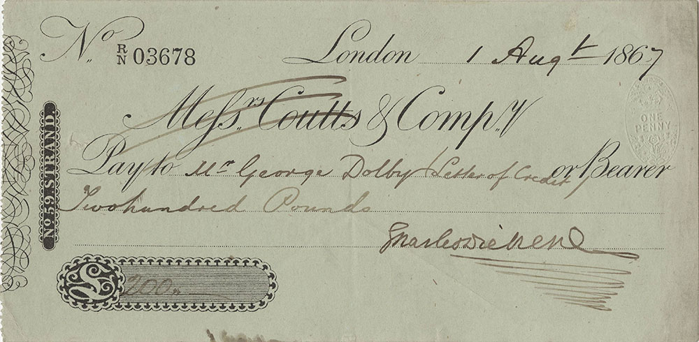 Charles Dickens Check dated August 1, 1867, London