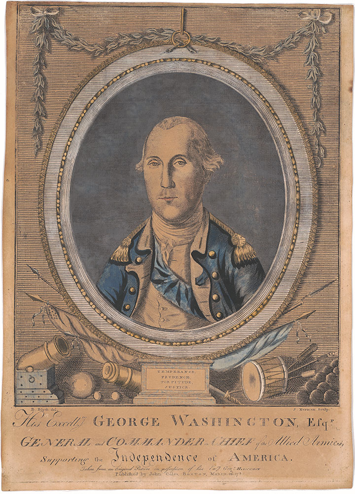 His Excellcy. George Washington, Esqr. General and commander in chief of the Allied Armies, supporting the independence of America. Taken from an Original Picture in posession of his Excy Govr. Hancock. / B. Blyth del. J. Norman sculp.