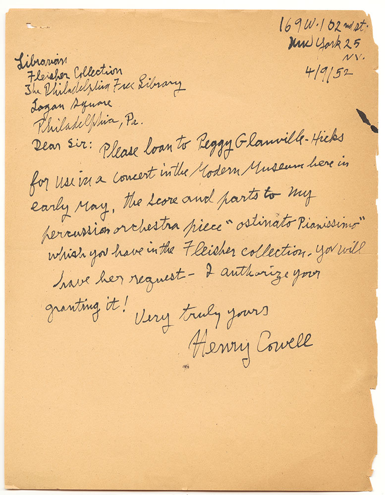1952 04 09 Cowell to Fleisher Collection