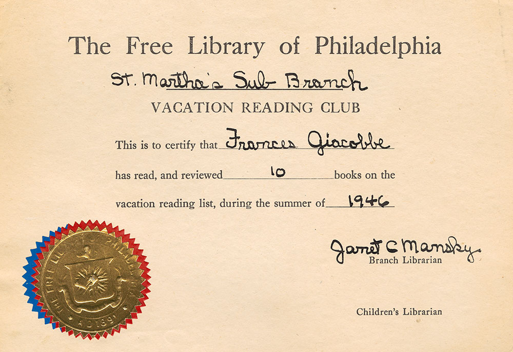 1946 - Vacation Reading Club - Frances Giacobbe Certificate of Completion