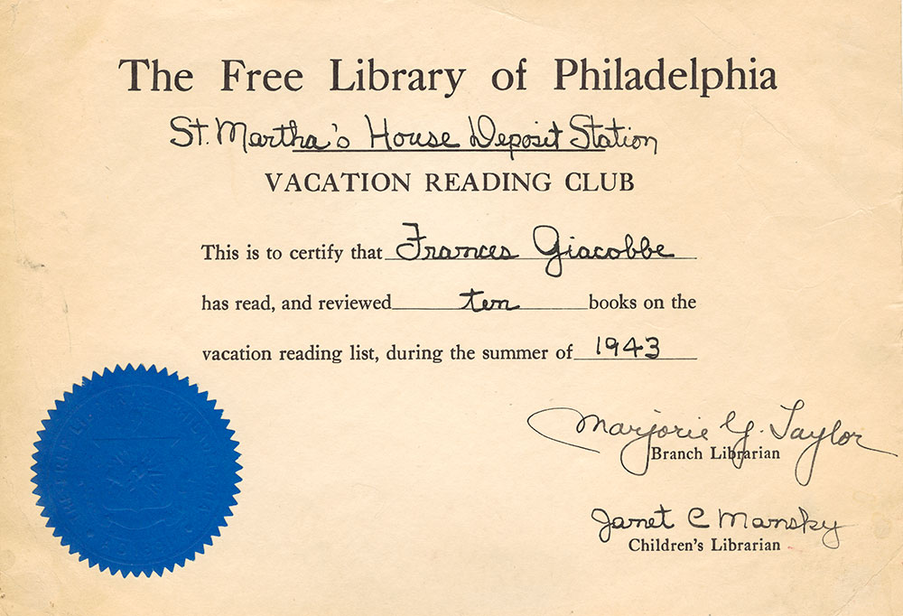 1943 - Vacation Reading Club - Frances Giacobbe Certificate of Completion