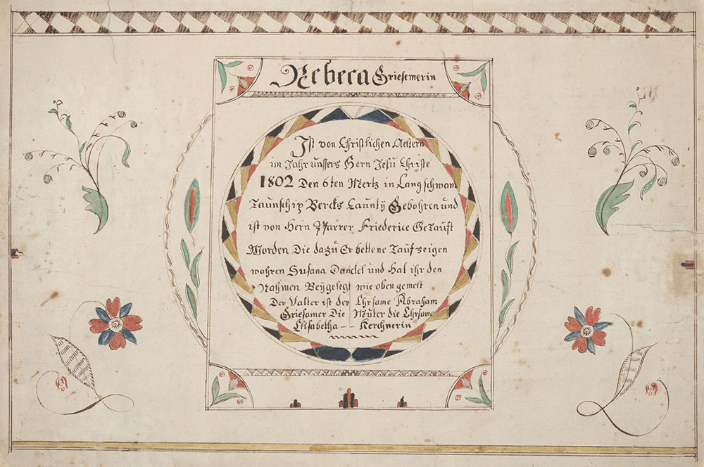 Birth and Baptismal Certificate (Geburts und Taufschein) for Rebeca Griesemer