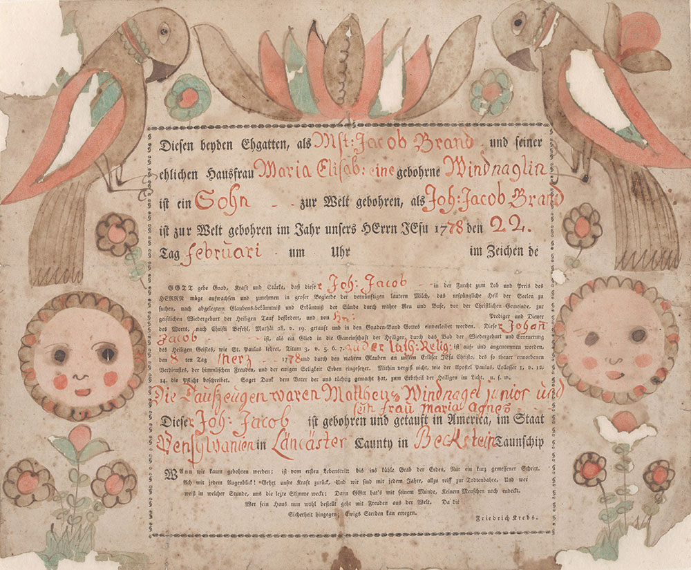 Birth and Baptismal Certificate (Geburts und Taufschein) for Johann Jacob Brand