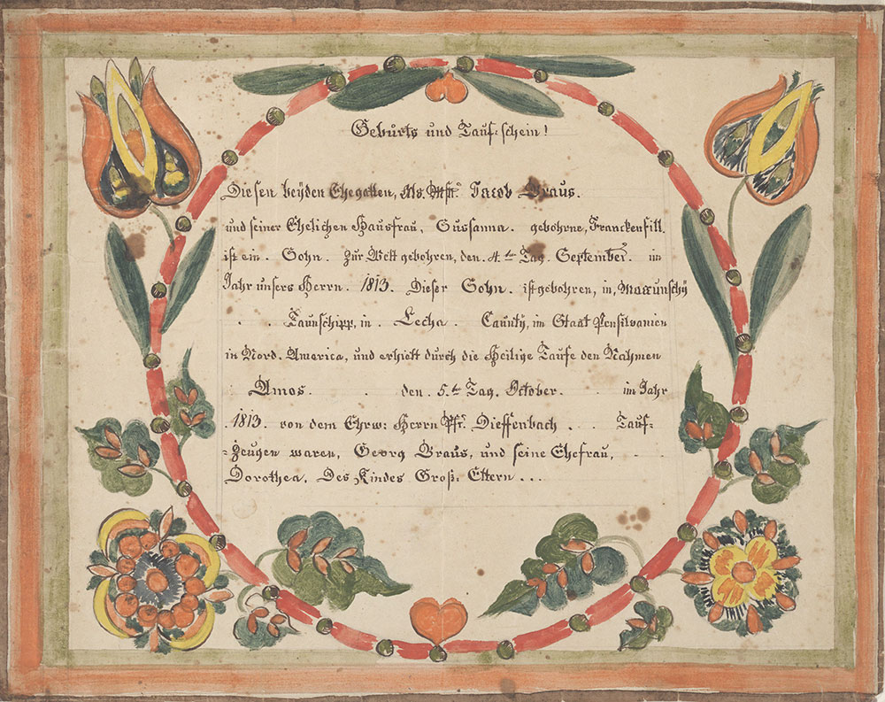Birth and Baptismal Certificate (Geburts und Taufschein) for Amos Braus