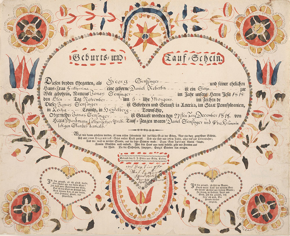 Birth and Baptismal Certificate (Geburts und Taufschein) for Jonas Sensinger