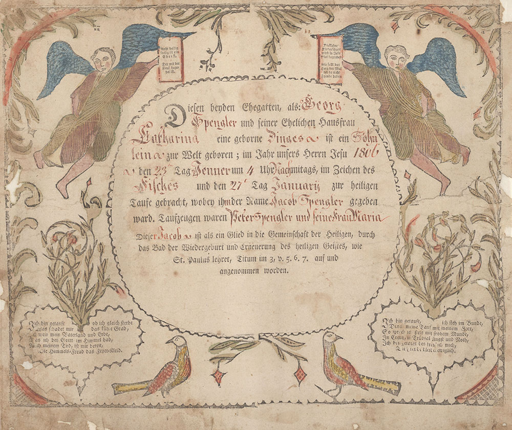 Birth and Baptismal Certificate (Geburts und Taufschein) for Jacob Spengler