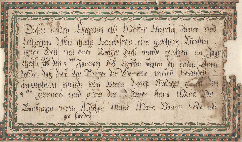 Birth and Baptismal Certificate (Geburts und Taufschein) for Anna Maria Arner