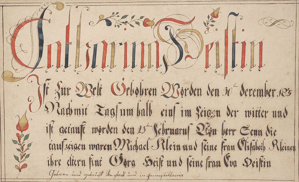 Birth and Baptismal Certificate (Geburts und Taufschein) for Catharina Heist