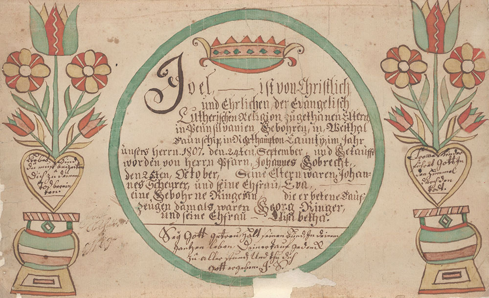 Birth and Baptismal Certificate (Geburts und Taufschein) for Joel Scheurer