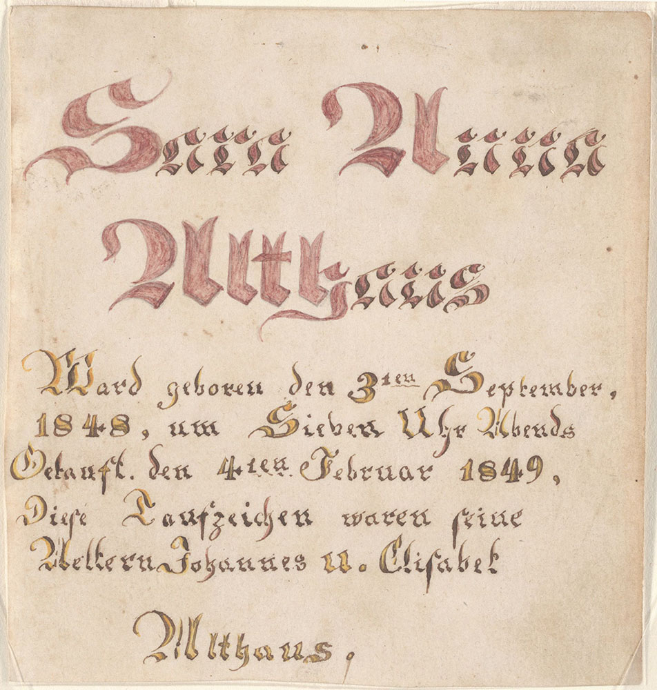 Birth and Baptismal Certificate (Geburts und Taufschein) for Sara Anna Althaus