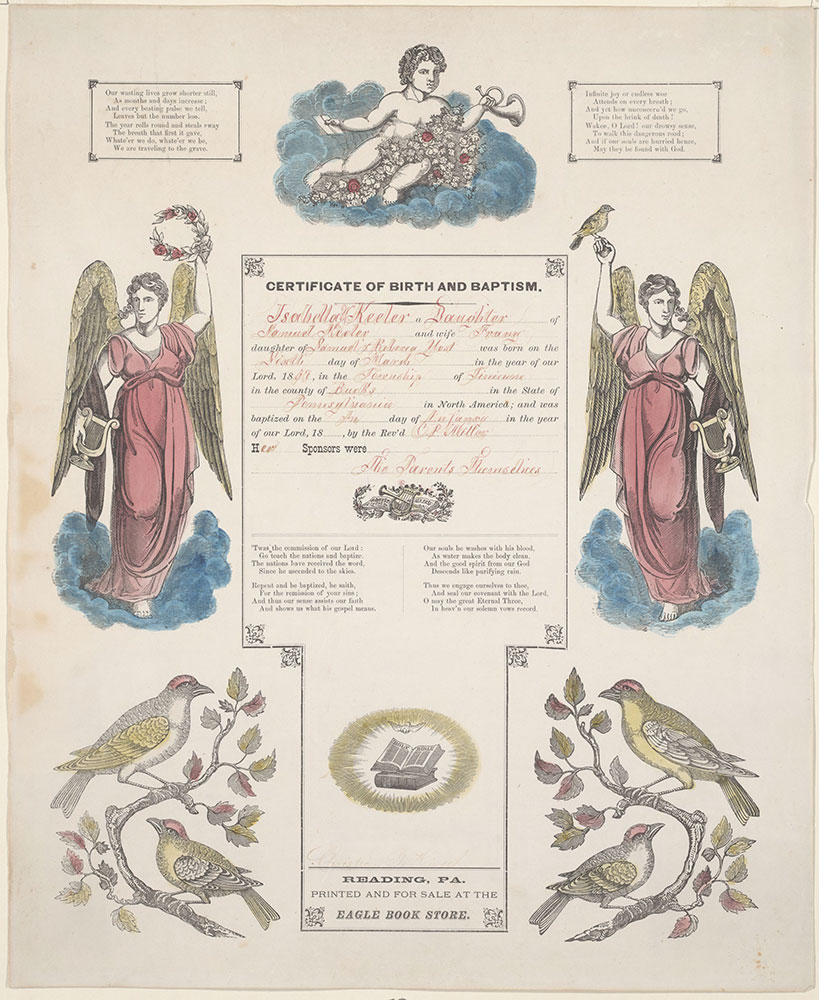 Birth and Baptismal Certificate (Geburts und Taufschein) for Isabella Y. Keeler