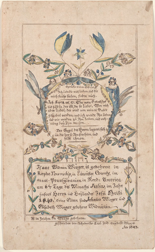 Birth and Baptismal Certificate (Geburts und Taufschein) for Isaac Widman Winger