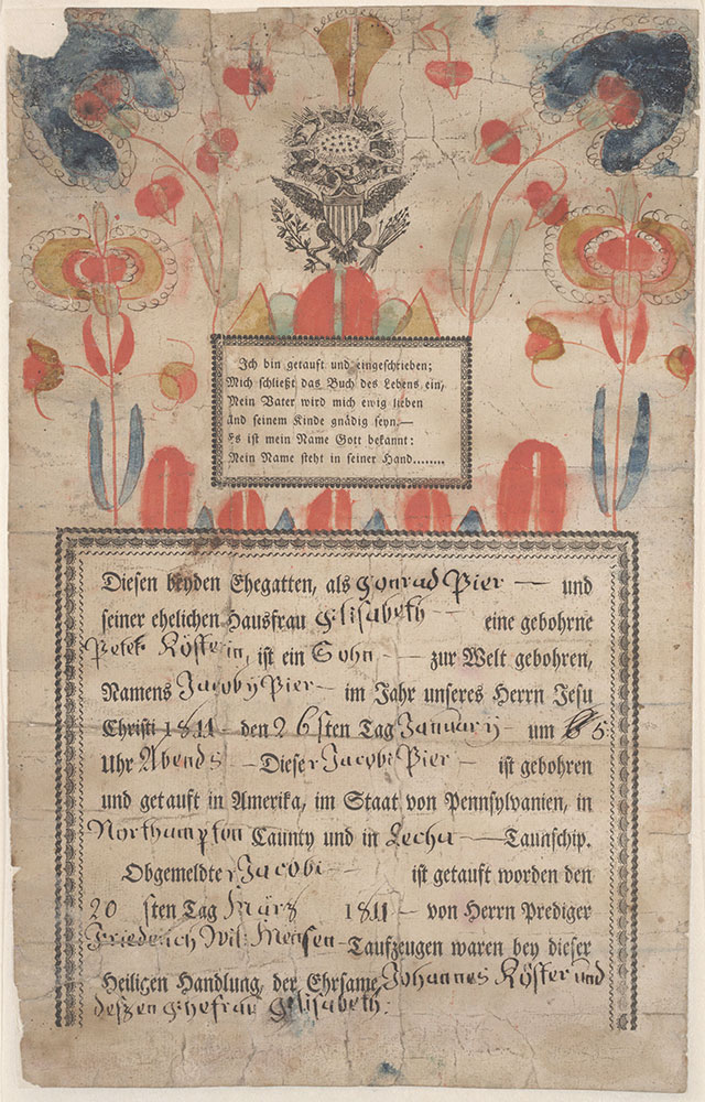 Birth and Baptismal Certificate (Geburts und Taufschein) for Jacobi Pier