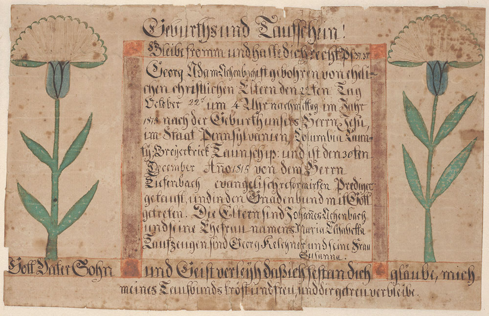 Birth and Baptismal Certificate (Geburts und Taufschein) for Georg Adam Achenbach