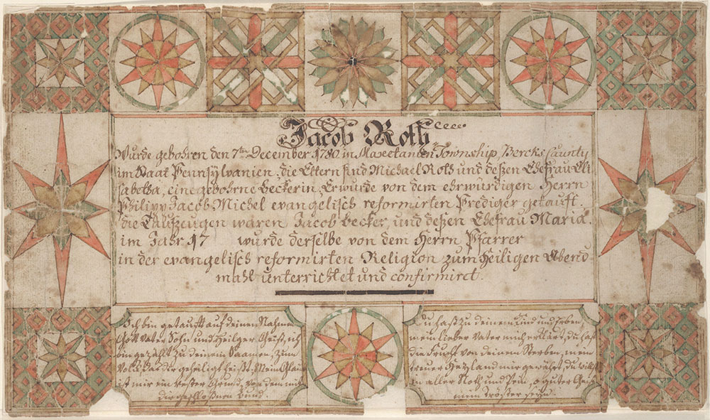Birth, Baptismal and Confirmation Certificate (Geburts, Tauf, und Konfirmationsschein) for Jacob Roth