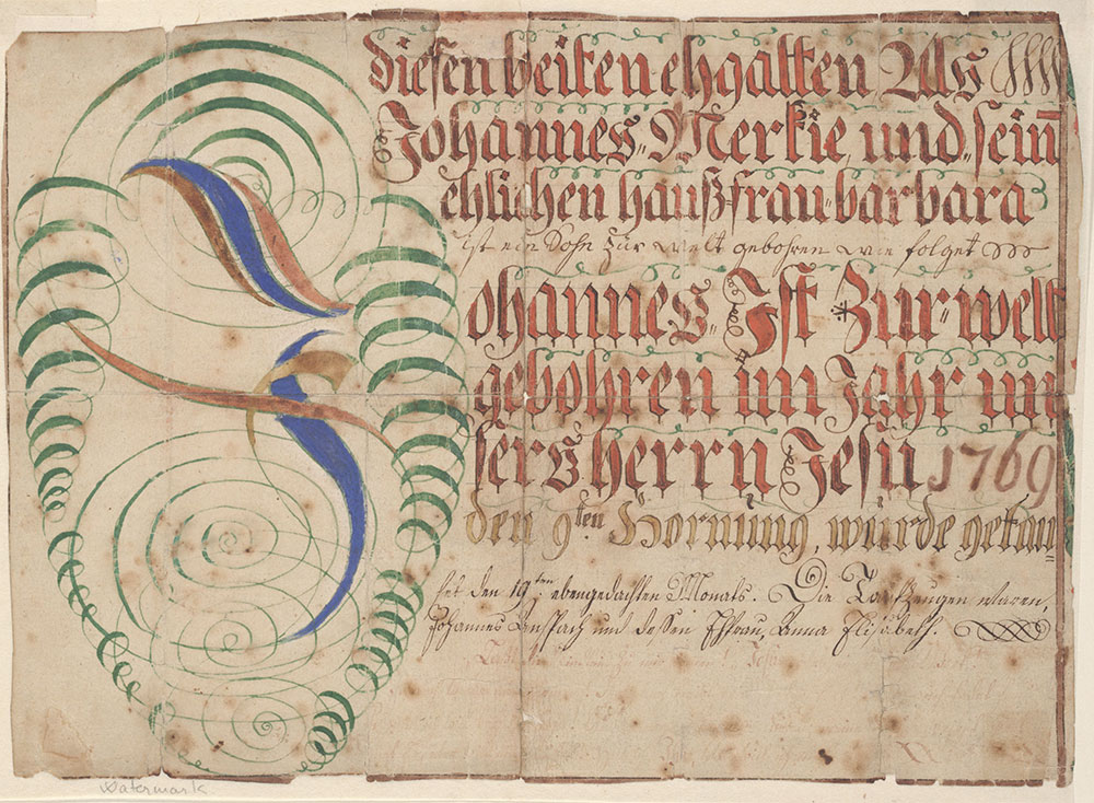 Birth and Baptismal Certificate (Geburts und Taufschein) for Johannes Merkie