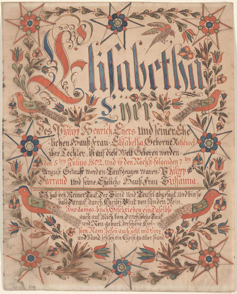 Birth and Baptismal Certificate (Geburts und Taufschein) for Elisabetha Eyer
