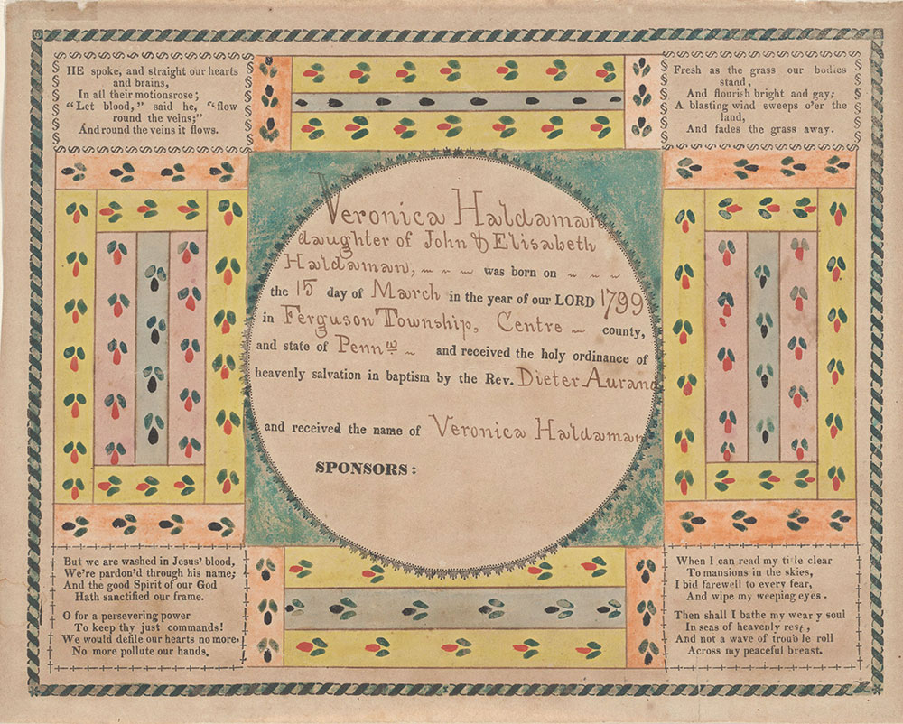 Birth and Baptismal Certificate (Geburts und Taufschein) for Veronica Haldaman
