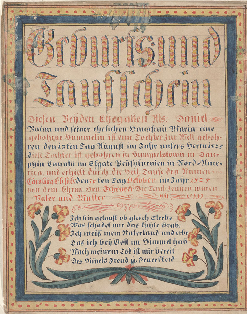 Birth and Baptismal Certificate (Geburts und Taufschein) for Carolina Elisabeth Baum