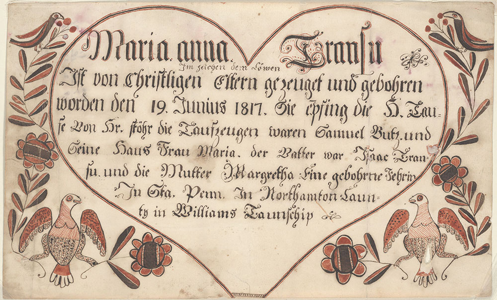 Birth and Baptismal Certificate (Geburts und Taufschein) for Maria Anna Transu