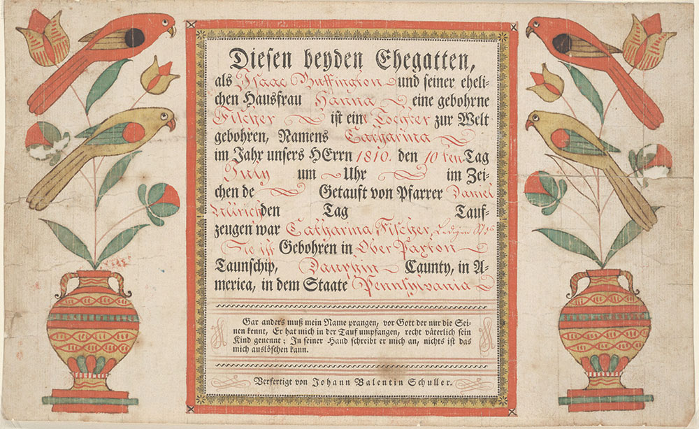 Birth and Baptismal Certificate (Geburts und Taufschein) for Catharina Buffington
