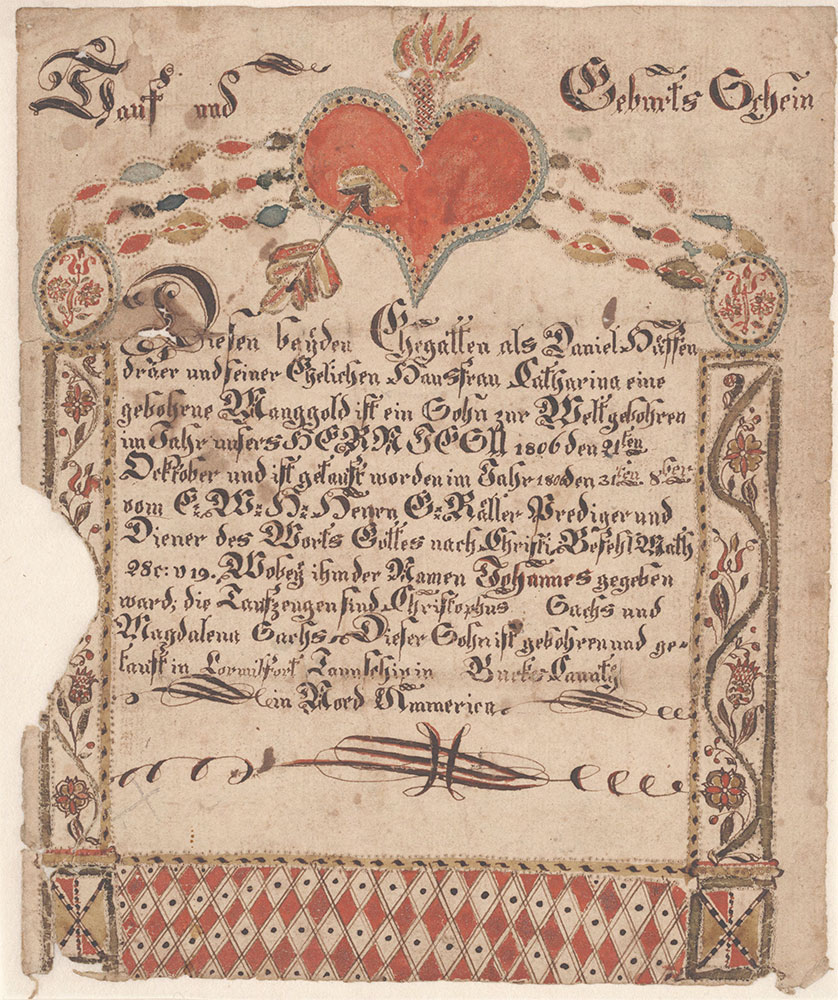 Birth and Baptismal Certificate (Geburts und Taufschein) for Johannes Hüffendraer