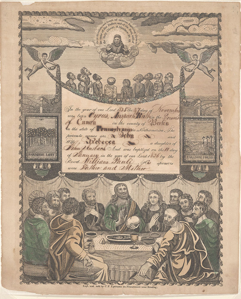 Birth and Baptismal Certificate (Geburts und Taufschein) for Cyrus Anspach