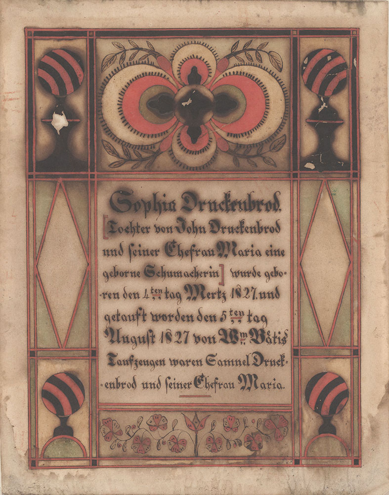 Birth and Baptismal Certificate (Geburts und Taufschein) for Sophia Druckenbrod