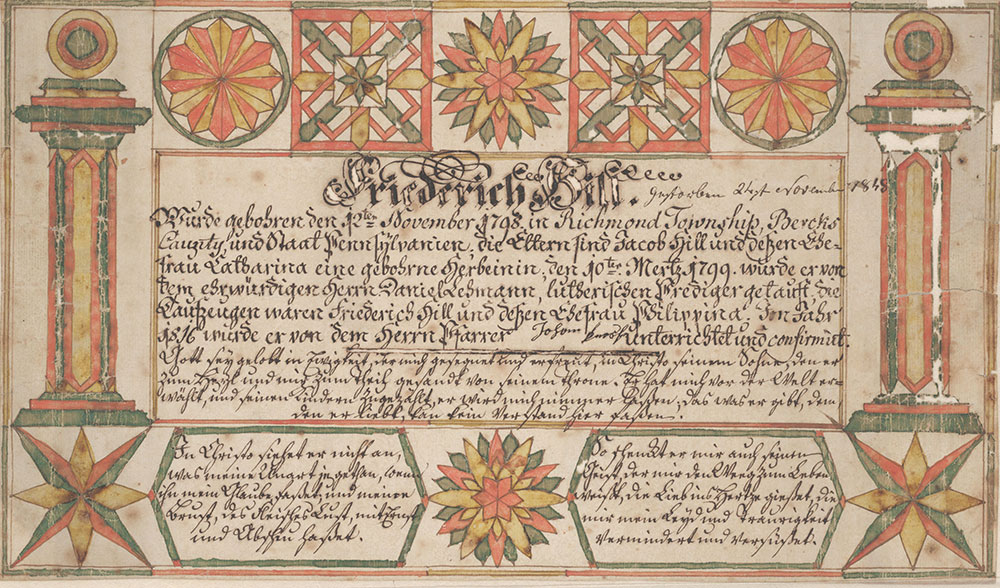 Birth and Baptismal Certificate (Geburts- und Taufschein) for Friederich Hill