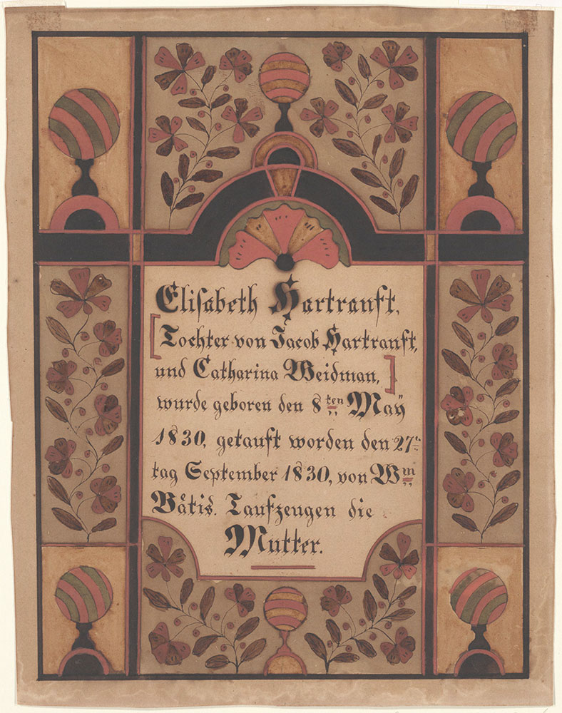 Birth and Baptismal Certificate (Geburts und Taufschein) for Elisabeth Hartranft