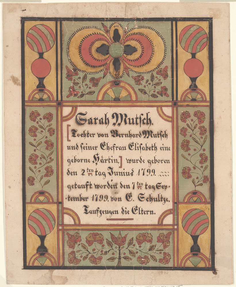 Birth and Baptismal Certificate (Geburts und Taufschein) for Sarah Mutsch