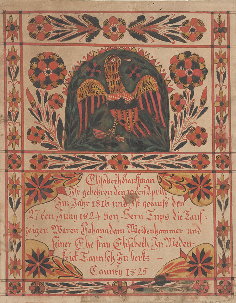 Birth and Baptismal Certificate (Geburts und Taufschein) for Elisabeth Kauffman