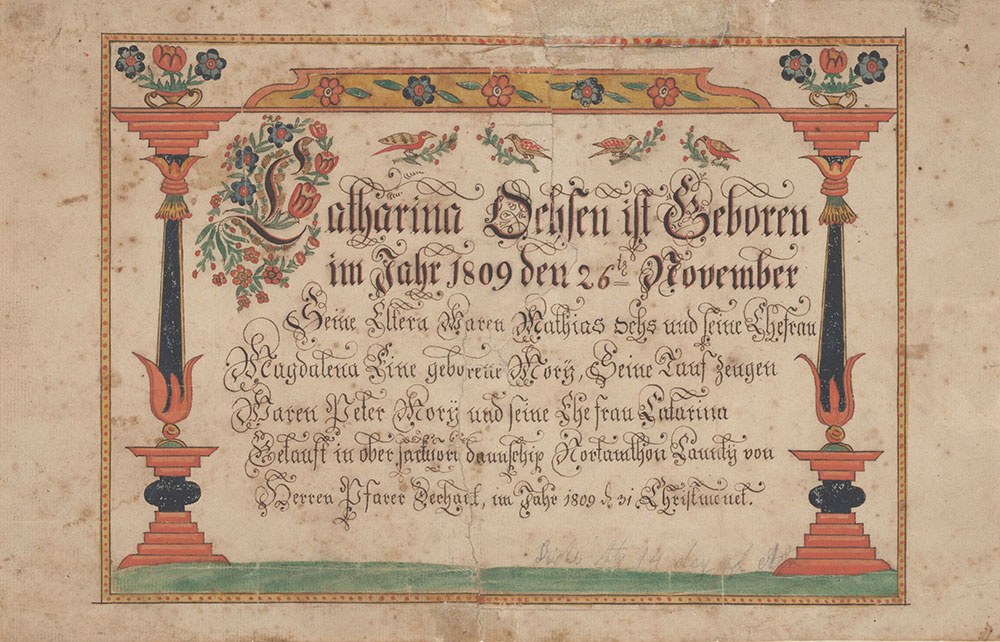 Birth and Baptismal Certificate (Geburts und Taufschein) for Catharina Ochs
