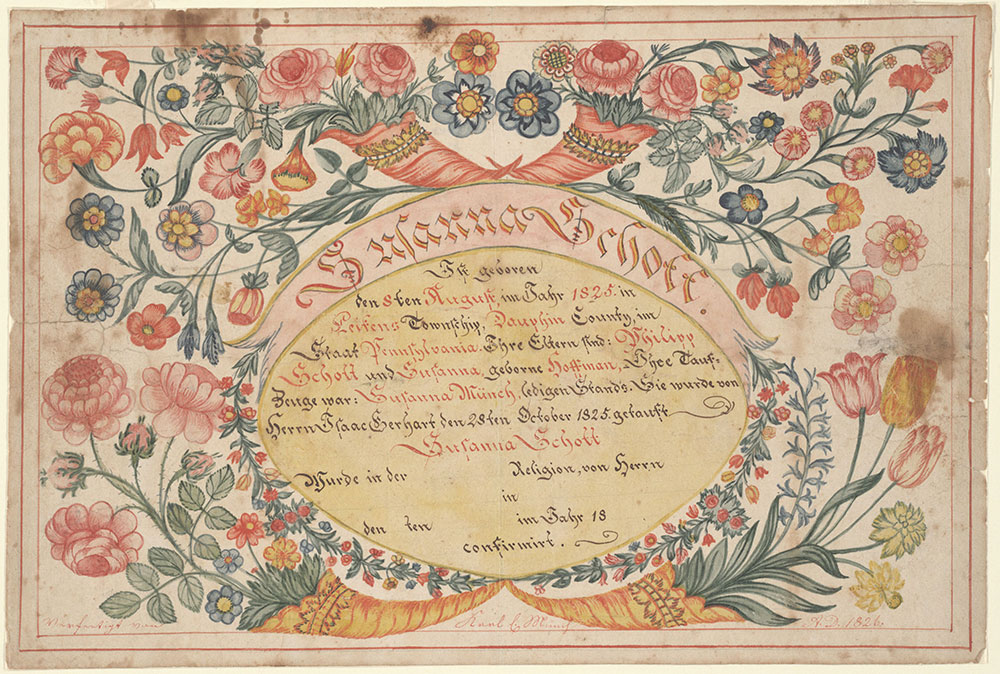 Birth and Baptismal Certificate (Geburts und Taufschein) for Susanna Schott