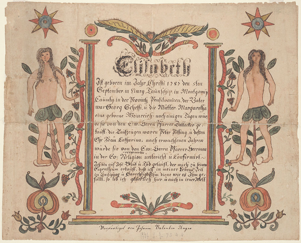 Birth, Baptismal and Confirmation Certificate (Geburts, Tauf, und Konfirmationsschein) for Elisabeth Scheffi