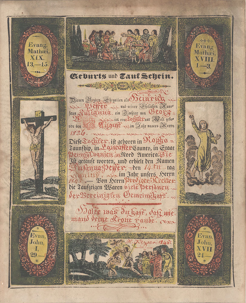 Birth and Baptismal Certificate (Geburts und Taufschein) for Susanna Peffer