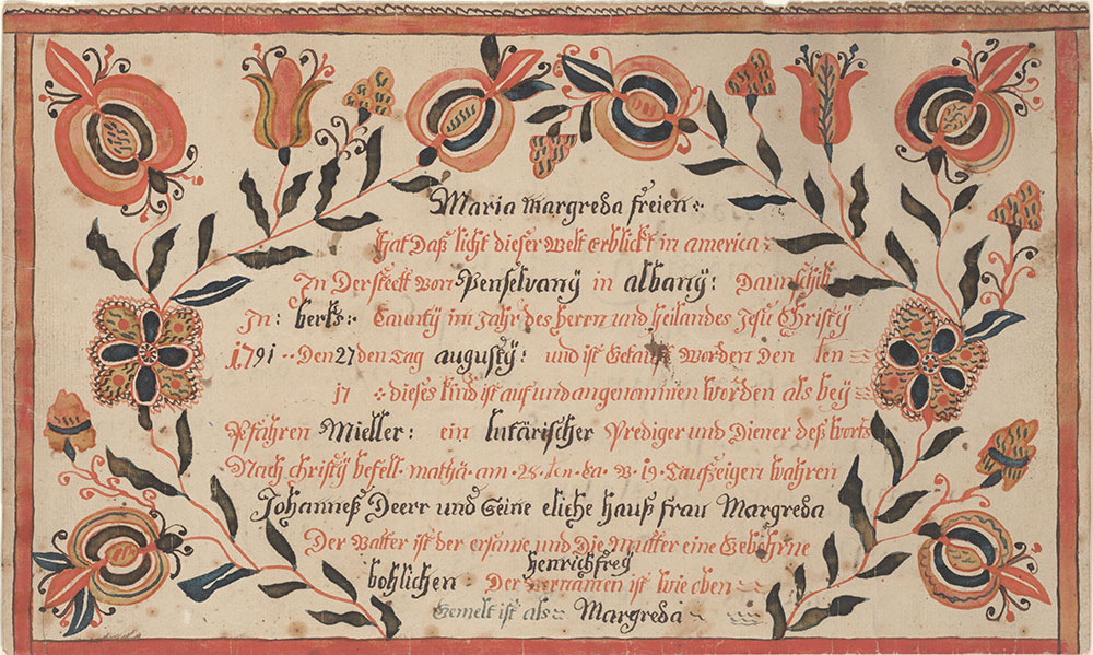 Birth and Baptismal Certificate (Geburts und Taufschein) for Maria Margreda Frey