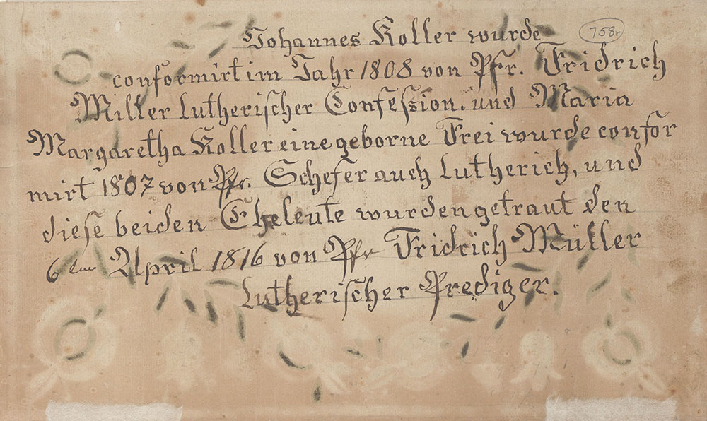 Birth and Baptismal Certificate (Geburts und Taufschein) for Maria Margreda Frey