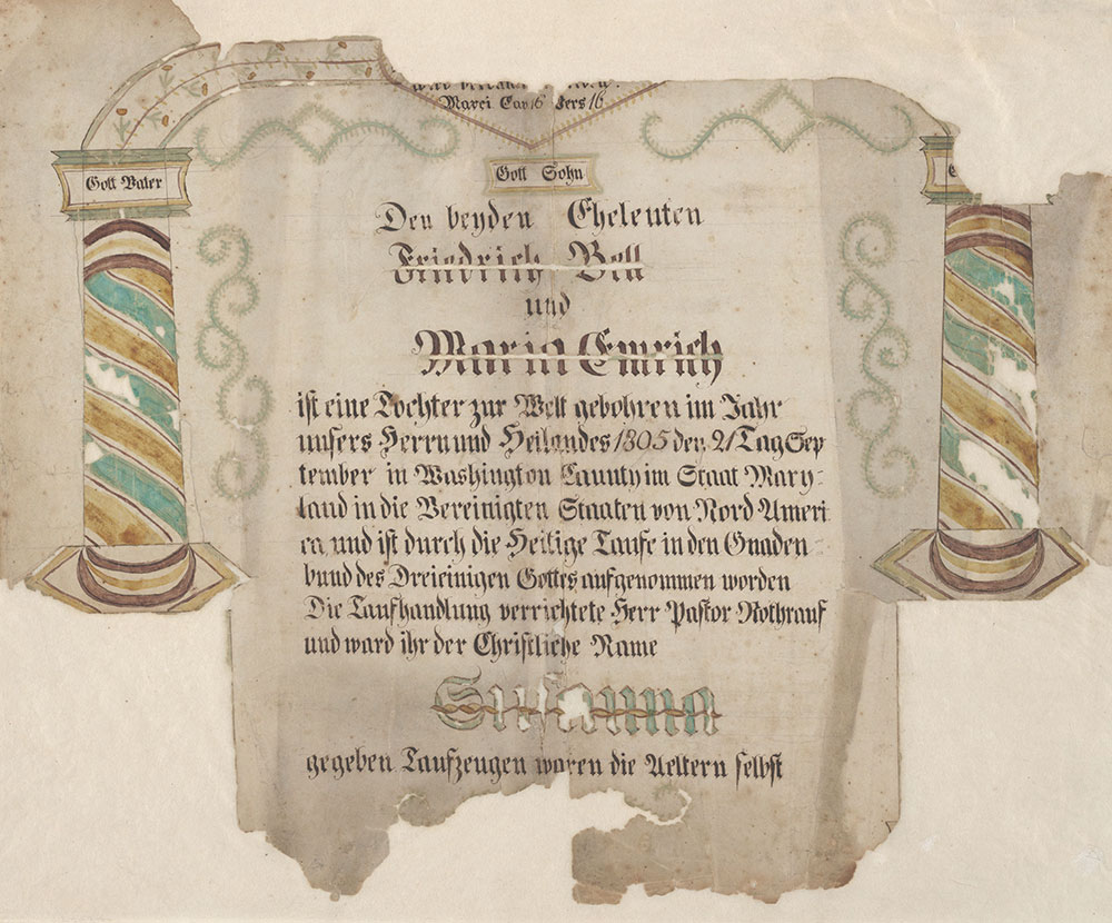 Birth and Baptismal Certificate (Geburts und Taufschein) for Susanna Bell
