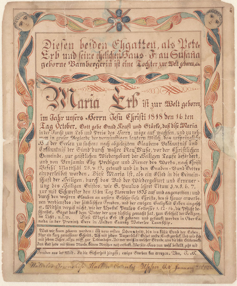 Birth and Baptismal Certificate (Geburts und Taufschein) for Maria Erb