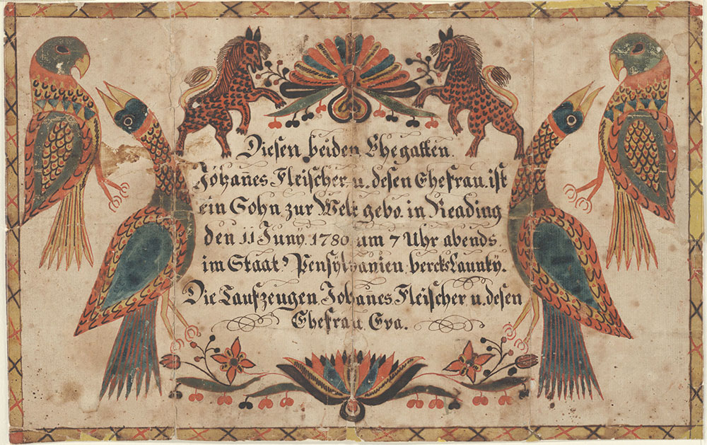 Birth and Baptismal Certificate (Geburts und Taufschein) for a son of Johannes Fleischer