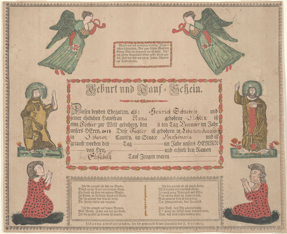 Birth and Baptismal Certificate (Geburts und Taufschein) for Elizabeth Schnebely