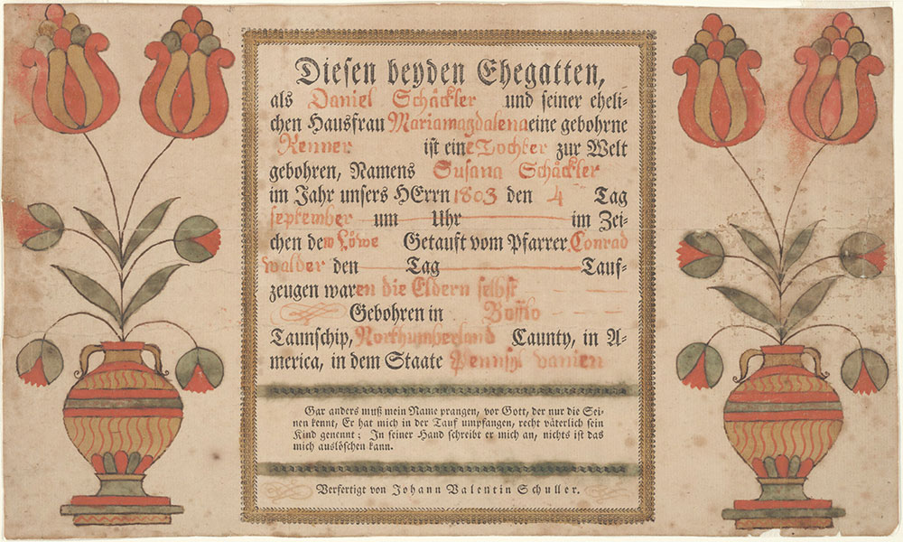Birth and Baptismal Certificate (Geburts und Taufschein) for Susanna Schäckler