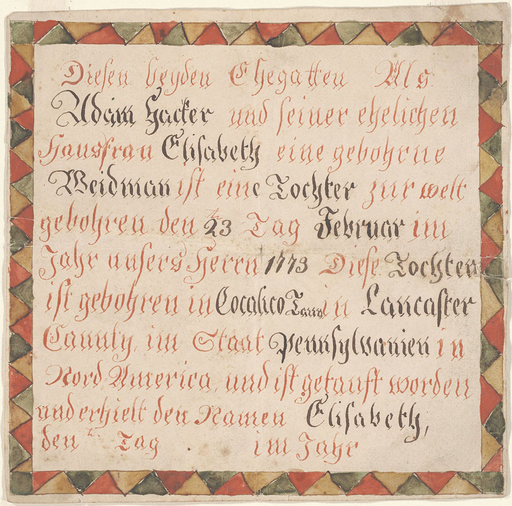 Birth and Baptismal Certificate (Geburts und Taufschein) for Elisabeth Hacker
