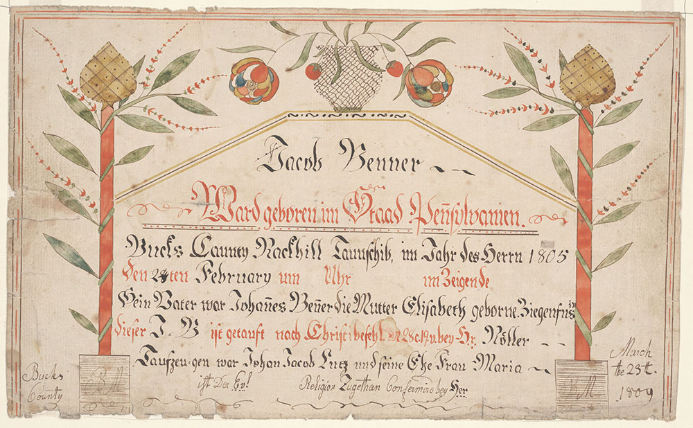 Birth and Baptismal Certificate (Geburts und Taufschein) for Jacob Benner