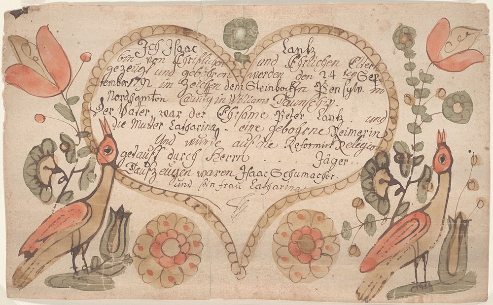 Birth and Baptismal Certificate (Geburts und Taufschein) for Isaac Lantz