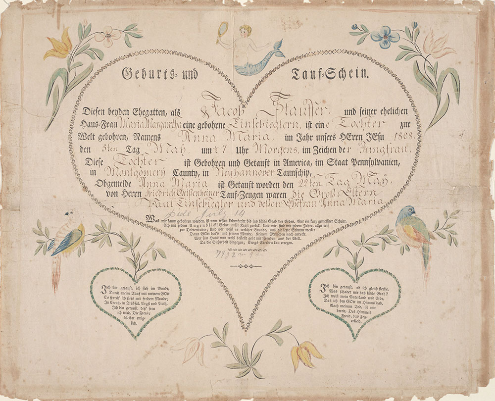 Birth and Baptismal Certificate (Geburts und Taufschein) for Anna Maria Stauffer