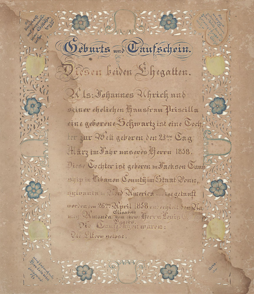 Birth and Baptismal Certificate (Geburts und Taufschein) for Amanda Elisabeth Uhrich
