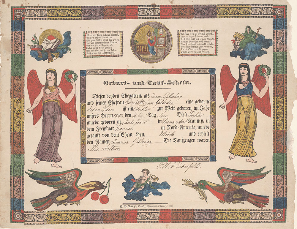 Birth and Baptismal Certificate (Geburts und Taufschein) for Lowisa Galladay